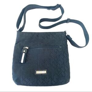 Tommy Hilfiger Crossbody Bag Fabric Logo Pattern Vegan Leather Trim Black